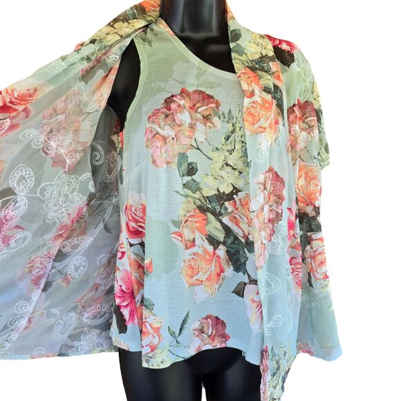 Kimono Floral Print Sheer Cardigan & matching Tank Top Set Women M cottagecore - Picture 6 of 6